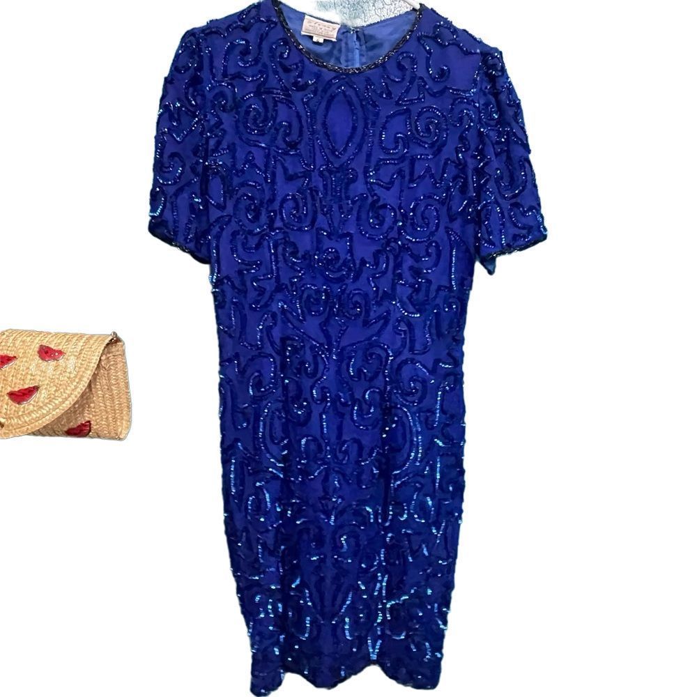 Vintage dark blue sequin silk dress beautiful chic